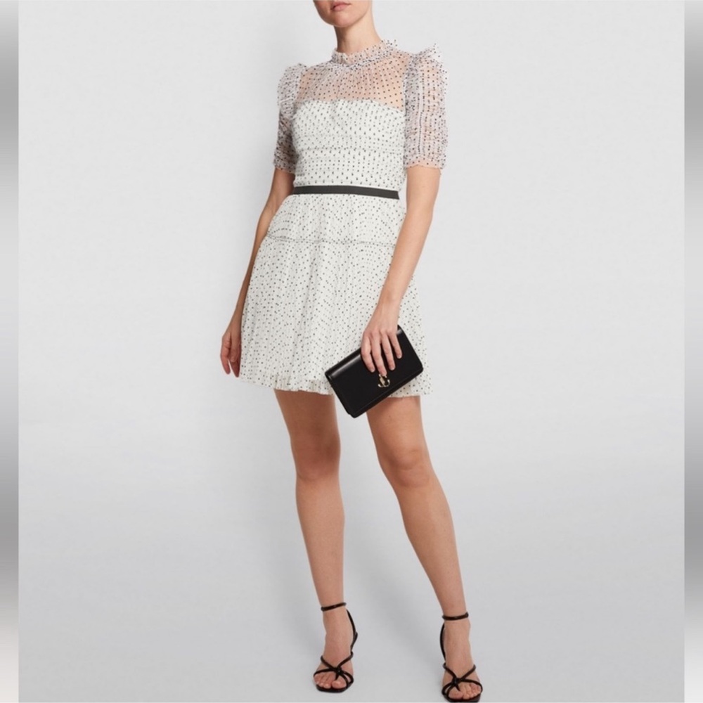 Self- Portrait Dot Mesh Pleated Skirt Mini Dress Short Round Neck Size 2
